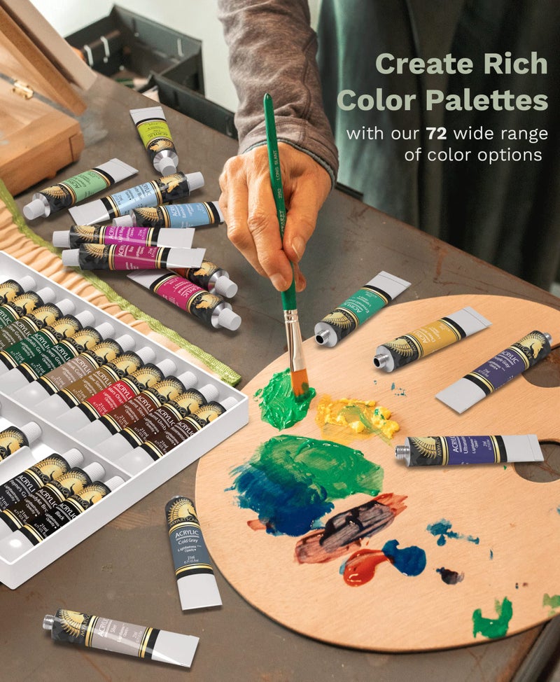 Myartscape مجموعة ألوان الأكريليك من MyArtscape - 72 أنبوب سعة 21 مل مع 3 فرشاة رسم - مستلزمات فنية - ألوان بجودة فنية - مقاومة للضوء - كثيفة - ألوان عالية الصبغة مع تغطية ممتازة - فن محترف - Image 4